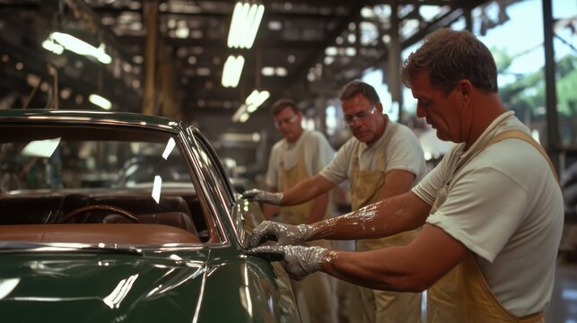 Three workers meticulously inspect a vintage car in a factory, ensuring it meets quality standards. The setting is brightly lit and emphasizes teamwork and precision.