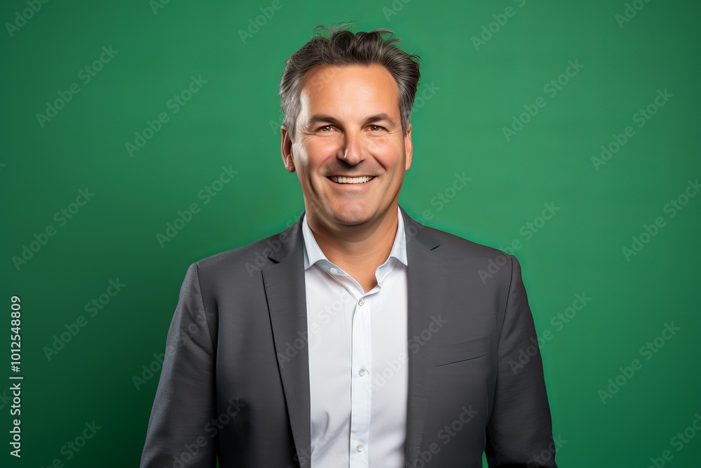 Wall mural Handsome middle aged man with grey hair smiling and looking at camera against green background