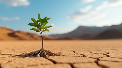 A small plant emerges from the cracked desert ground, depicting growth and determination against adversity, highlighted by an expansive and distant mountainous horizon.