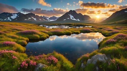 Obraz premium Discover the beauty of nature with a stunning sunrise view. Golden sunlight illuminates majestic mountain peaks, while the clear morning sky is dotted with wispy clouds