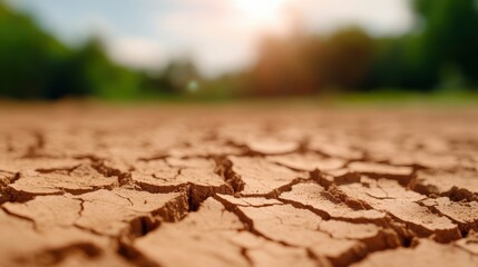 Obraz premium Closeup view of cracked earth under a sunlit sky captures the stark, barren landscape, highlighting the urgent need for environmental conservation efforts and resilience.