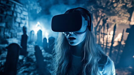 Technology in virtual reality entertainment,woman wearing virtual reality headset with simulate scary situations with ghosts and graves background.