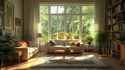 Fototapeta premium Sunlit Living Room with Large Window and Bookshelf - 3D Illustration