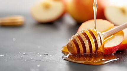 A close-up shot captures honey dripping from a wooden honey dipper onto juicy apple slices on a smooth grey surface, evoking natural and sweet sensations.