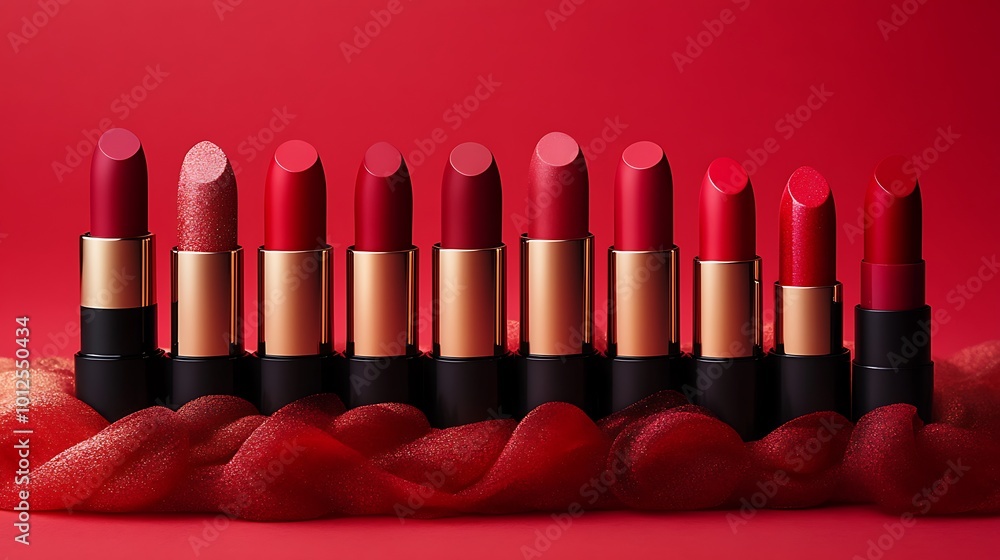 Poster a row of red lipstick tubes arranged in a row on a red fabric and red background.