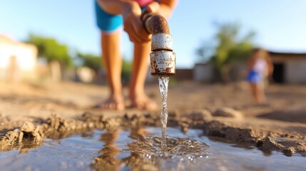 A young child refreshingly drinks from an outdoor tap, illustrating the purity and importance of water access and the simple joys found in everyday life experiences.