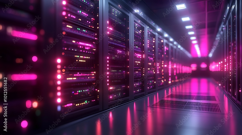 Poster rows of server racks in a data center with pink lights.