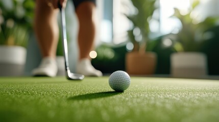 From a unique perspective, this image illustrates a golfer preparing to putt on a manicured green, emphasizing the little details of the golfing experience.