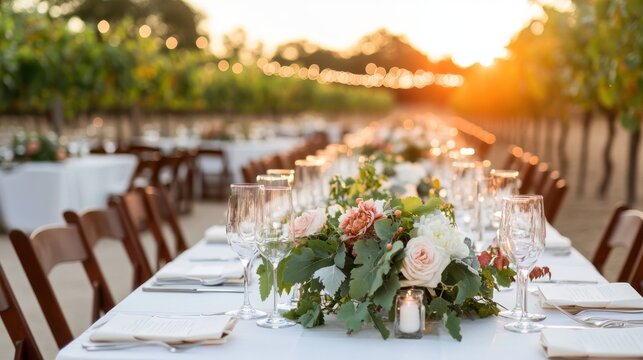 Serene outdoor dining scene with lavish table setting adorned with flowers in a vineyard at sunset, conveying warmth, elegance, and celebration.