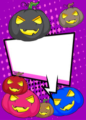 Cartoon many little Halloween Pumpkin with blank speech bubble, comic book Jack O' Lantern background. Retro vector comics pop art design.