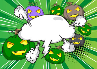 Cartoon many little Halloween Pumpkin with blank speech bubble, comic book Jack O' Lantern background. Retro vector comics pop art design.