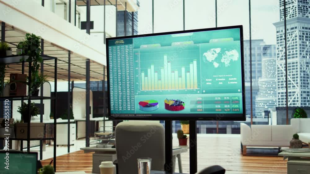 Poster empty boardroom setup with a computer displaying financial data, facilitates effective communication