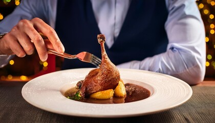 Faceless man eat Confit de Canard in restaurant with bokeh background. France Food.