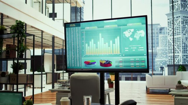 Empty boardroom setup with a computer displaying financial data, facilitates effective communication and strategy development for a successful business project. Performance goals.