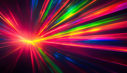 Obraz premium Vivid Burst of Light Rays in Motion – Abstract Energy Explosion with Multicolor Beams on Dark Background, Vibrant Spectrum Effect for Dynamic Design or Tech Concept