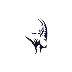 Goat head logo with simple silhouette design is strong, bold and easily recognizable. Used in various industries or farms and organic products. Goat head silhouette reflects toughness, intelligence.