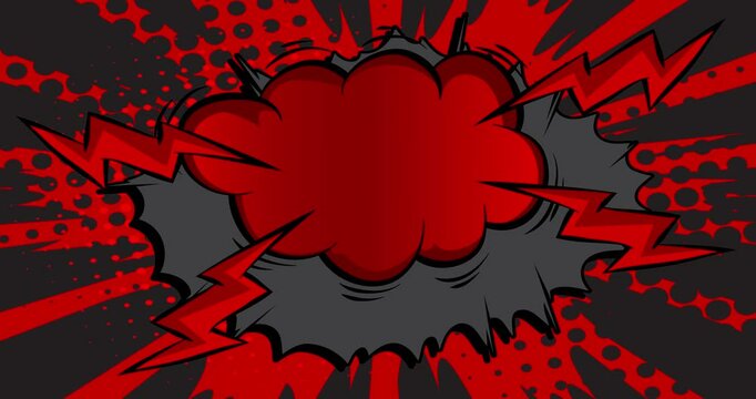 Cartoon black and red comic book background animation. Retro comics pop art speech bubble video design.