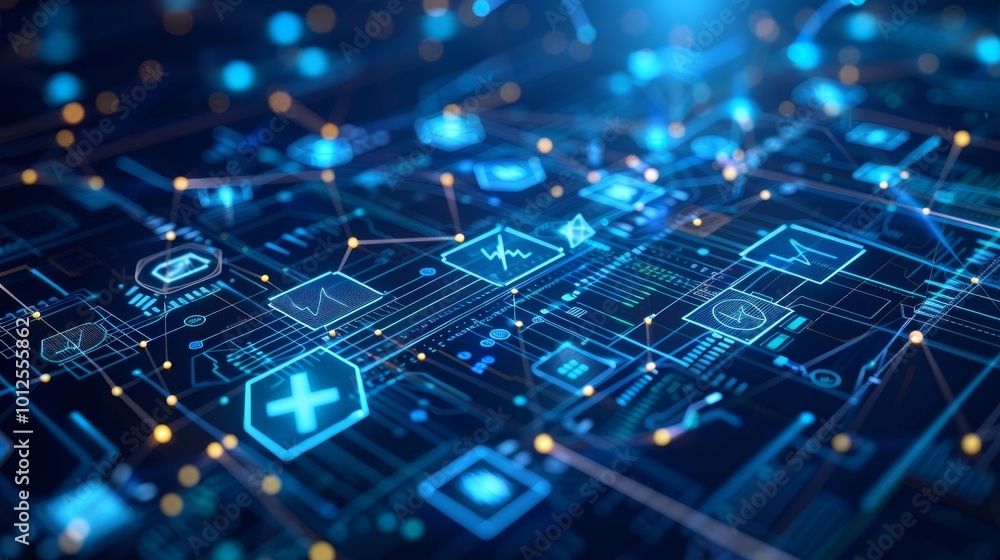 Poster digital medical technology background featuring a network of interconnected medical devices and data