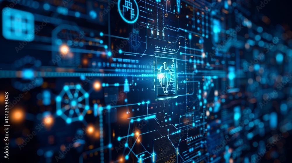 Poster digital medical technology background featuring a network of interconnected medical devices and data