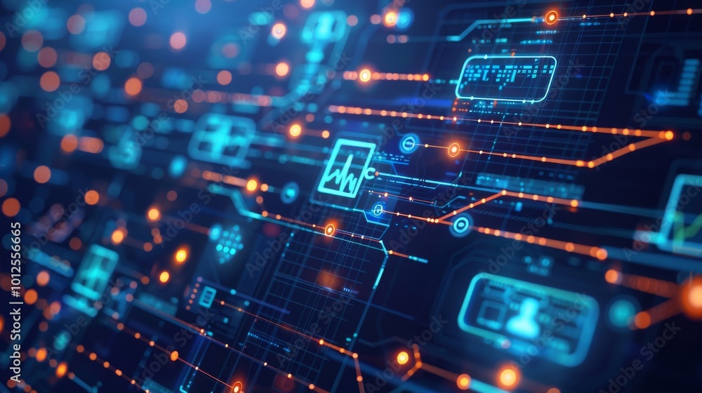 Poster digital medical technology background featuring a network of interconnected medical devices and data