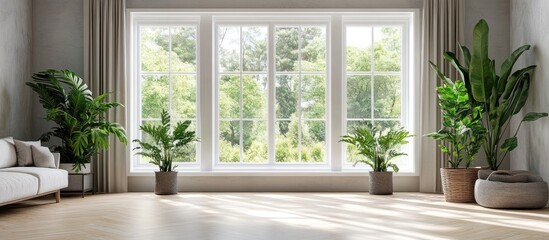 Modern living room with large window, wooden floor, and house plants.