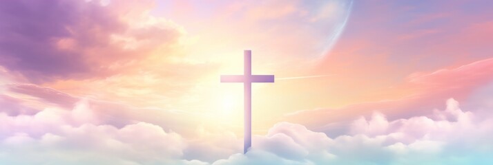 A serene background with soft pastel colors, featuring an elegant cross silhouette against the sky, symbolizing hope and connection to God's love 