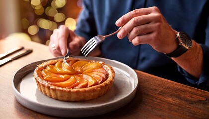 Faceless man eat Tarte Tatin in restaurant with bokeh background. France Food.
