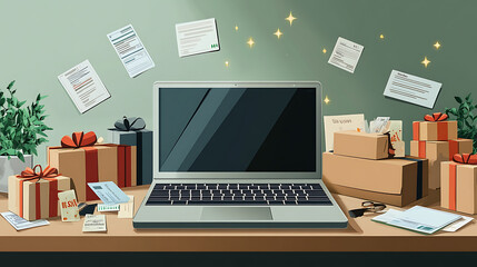 Naklejka premium Modern Laptop on Desk with Gifts and Documents