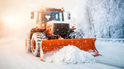 Bright orange snow plow clearing snow from a road during winter, pushing snow aside in an action-packed scene