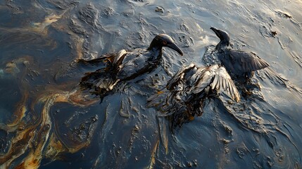 A somber scene of an oil-slicked ocean, with seabirds covered in oil attempting to survive in the polluted waters, showcasing the tragic consequences of marine environmental disasters. 
