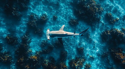 Fototapeta premium An aerial view of a hammerhead shark swimming in clear blue water over a coral reef.
