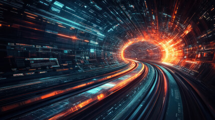 dynamic cyber tunnel with glowing orange and blue lights