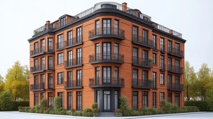 Fototapeta premium 3D model of a classic brick apartment building, positioned at a high angle to showcase its architectural details, set against a white background. The color tone is warm reds and browns, using 