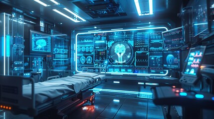 Medical technology theme background with a digital hospital environment and medical treatment simulations