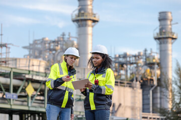 Female Engineers Conducting Inspection at Industrial Plant, Wearing Safety Gear and Discussing...