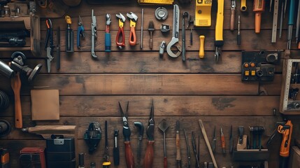 A collection of various hand tools organized on a wooden wall.