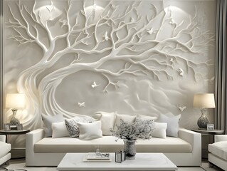 Elegant living room with a textured tree mural and soft furnishings.