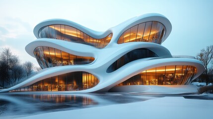 Obraz premium 3D model of a futuristic library building, positioned at a high angle to showcase its dynamic design, against a white background. The color tone features cool greys and blues, captured with 