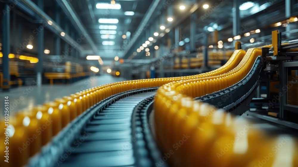Poster conveyor belt in a factory transporting bottles for production.