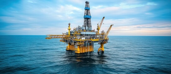 An offshore oil rig stands tall in the ocean under a clear blue sky.