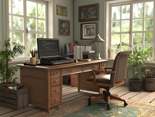 Cozy home office with a desk, computer, and plants.