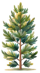 An illustration of an evergreen pine tree with lush green leaves, set against a clean white background. The twinkling lights on the tree make it a perfect Christmas decoration