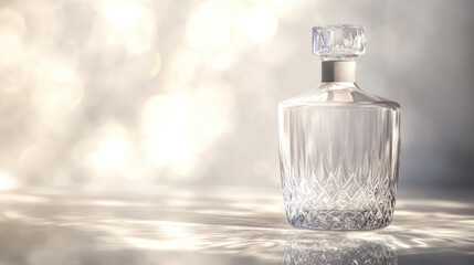 elegant crystal decanter on reflective surface with soft light