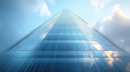 Fototapeta premium 3D model of a sleek skyscraper with a reflective surface, viewed from a ground-level angle to highlight its height, set against a white background. The color tone features cool blues and glassy 
