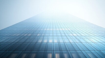 Fototapeta premium 3D model of a sleek skyscraper with a reflective surface, viewed from a ground-level angle to highlight its height, set against a white background. The color tone features cool blues and glassy 