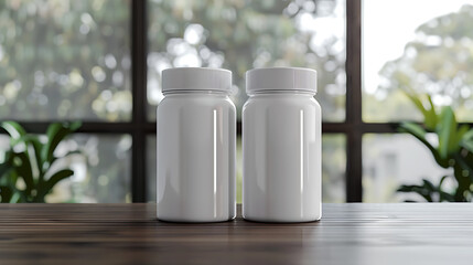 Two white pill bottles on a wooden table, ready for your label design.