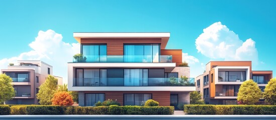 Modern residential building with balconies, surrounded by trees, against a blue sky with white clouds.