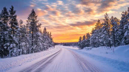 Snowy Road at Sunset