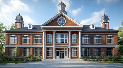 Fototapeta premium 3D model of a traditional school building, viewed from a front-facing angle to highlight its entrance, set against a white background. The color tone is classic red brick with white accents, 