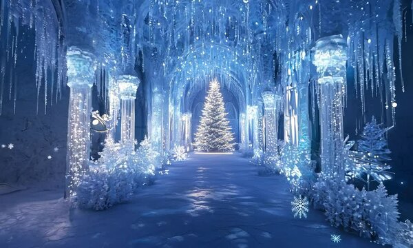 Christmas tree in the ice palace with illuminated transparent columns